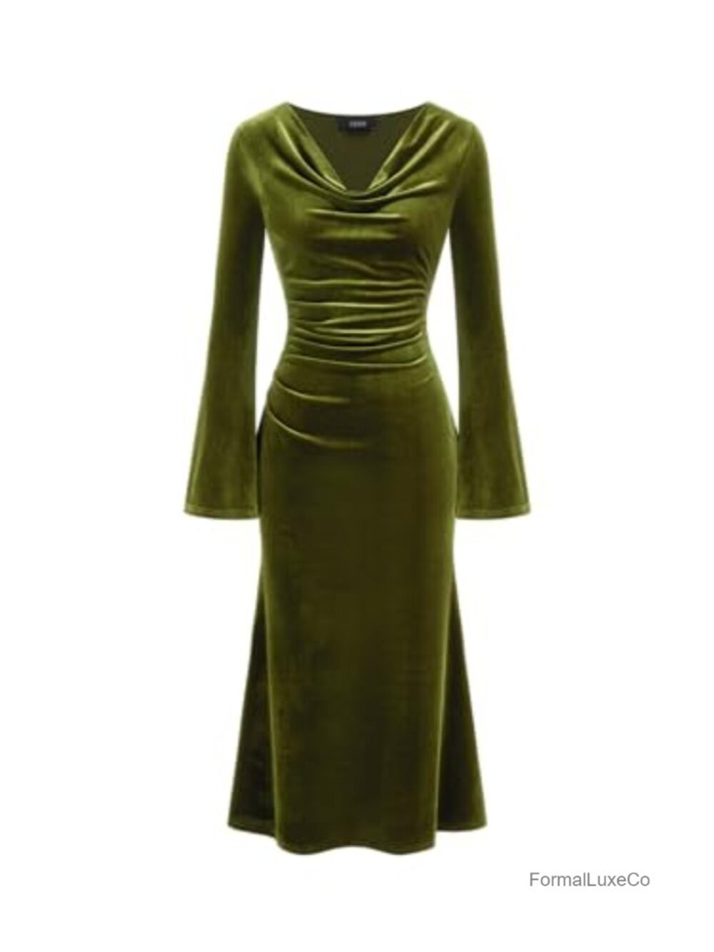 Velvet Midi Cocktail Dress Cowl Neck Bell Sleeve Formal